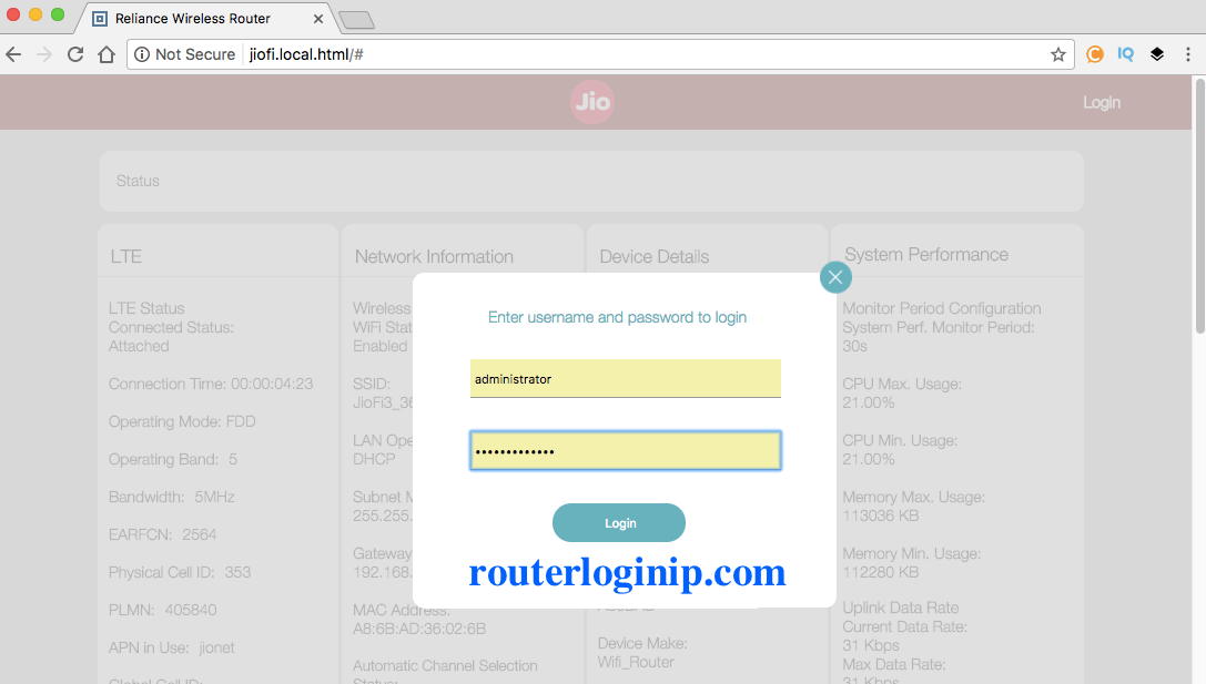 login to jiofi router